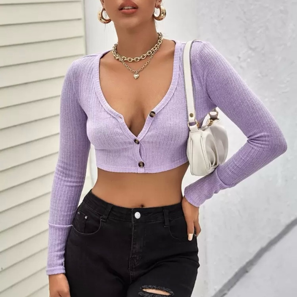 SHEIN Lilac Ribbed Button-Up Crop Top